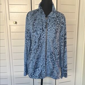 Chico's Weekends Blue Animal-Print Light Fleece Zip Jacket Sz 1
